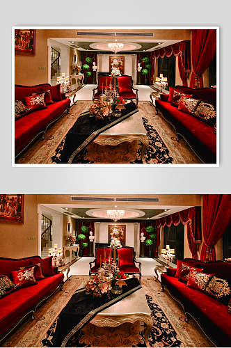 红色复古窗帘沙发法式别墅样板间图片