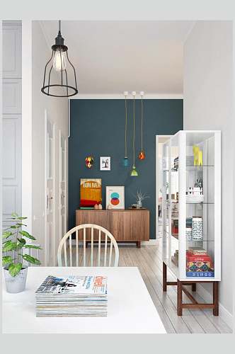 桌椅绿植置物架书北欧风格室内图片