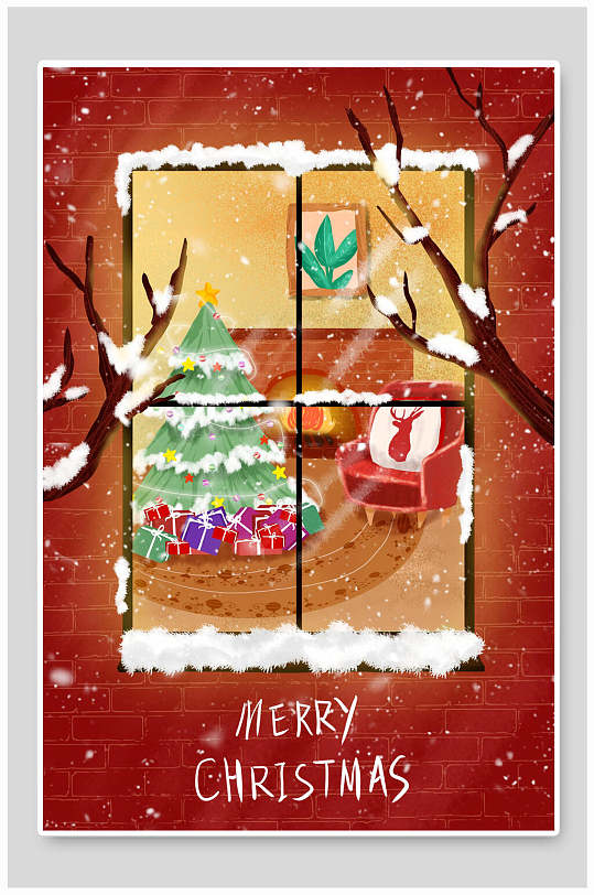 圣诞老人圣诞节窗花雪景枯枝插画