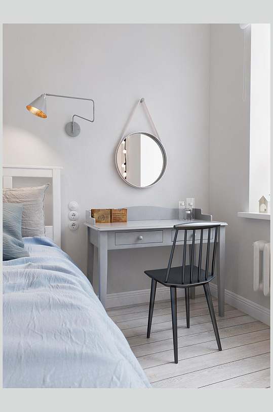 桌椅镜子挂灯床单北欧风格室内图片