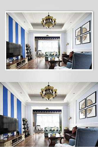 蓝色背景墙皮质沙发地中海田园风家装图片
