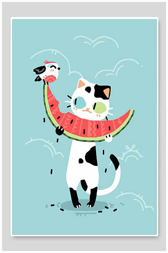 卡通可爱动物小猫吃西瓜插画