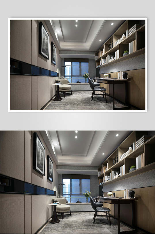 侧面透视飘窗书房工作室轻奢装修设计效果图