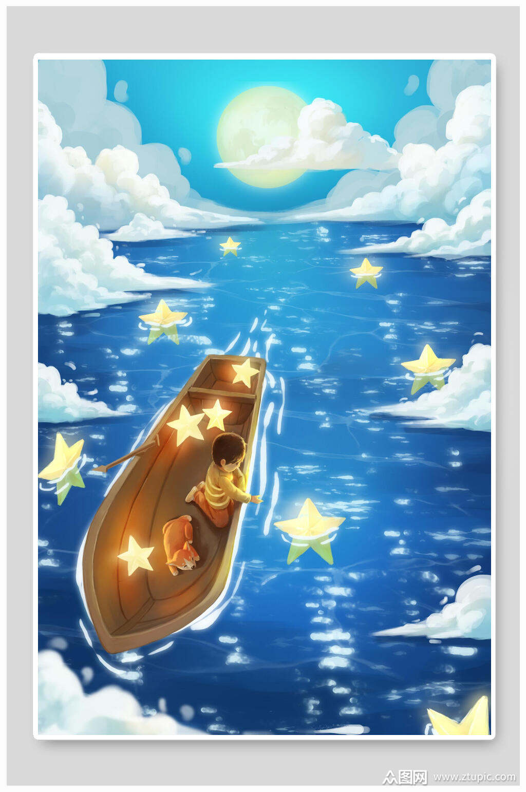 梦幻星星灯小船插画素材
