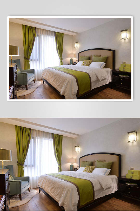 便捷酒店客房清新优雅田园黄绿色窗帘装修图