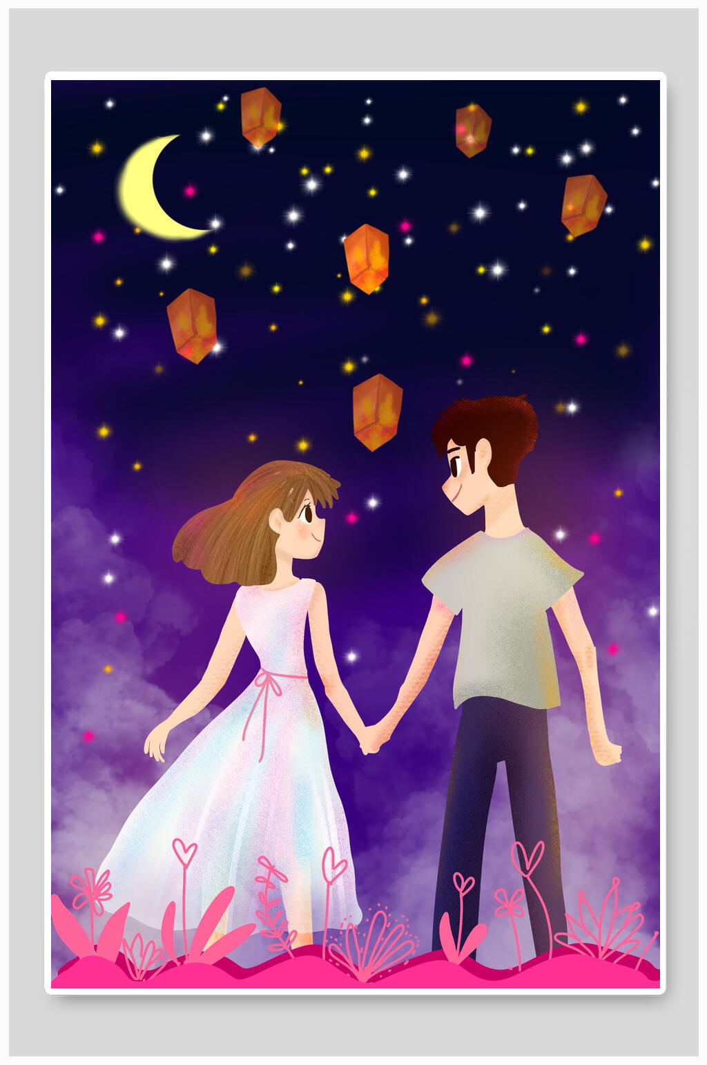 七夕情人节月亮孔明灯插画素材