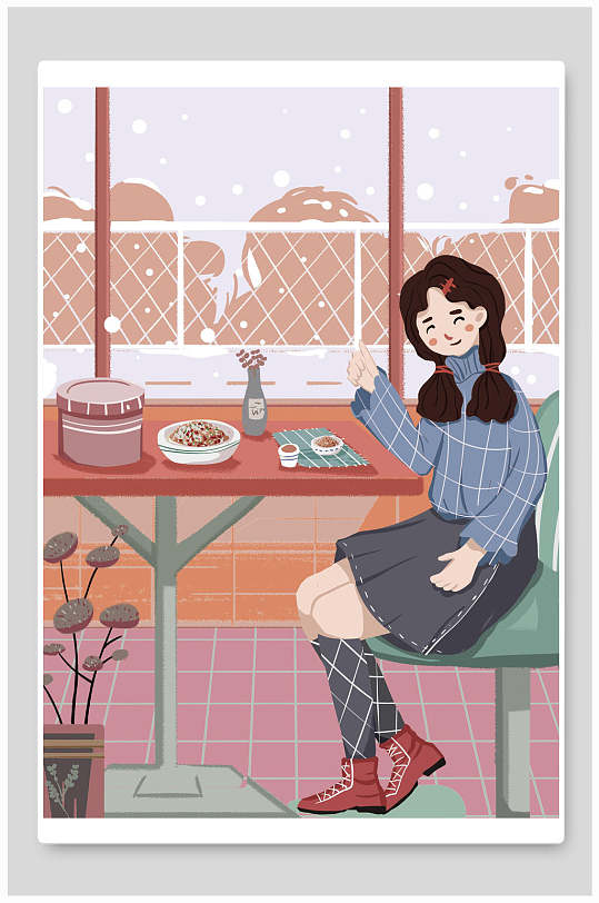 腊八节美女喝腊八粥插画