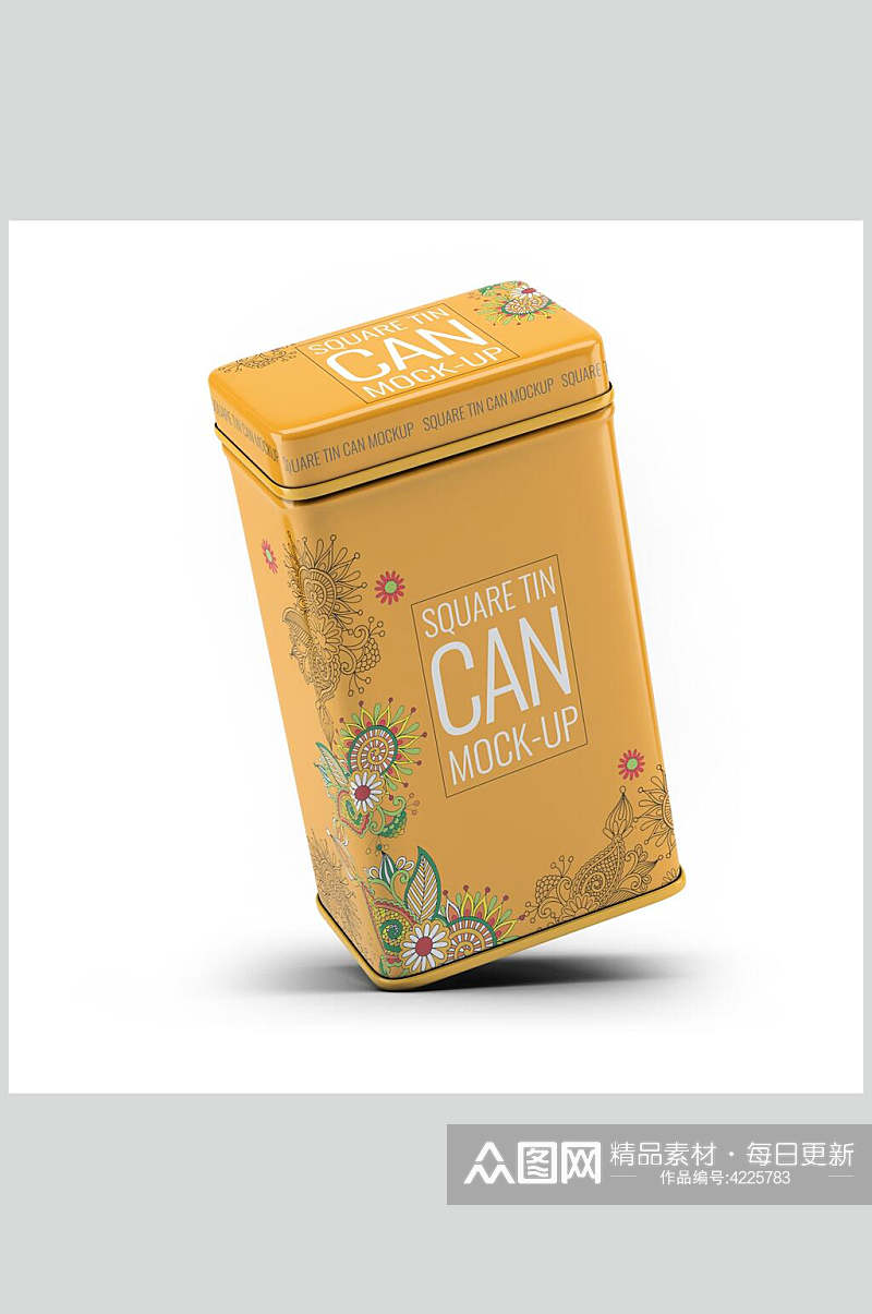 花朵方形茶叶罐密封罐包装样机素材
