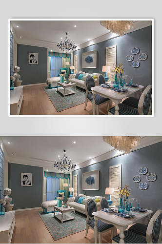 蓝色墙壁欧式二居室图片