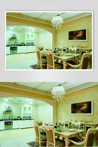 白色吊灯厨房餐厅法式别墅样板间图片
