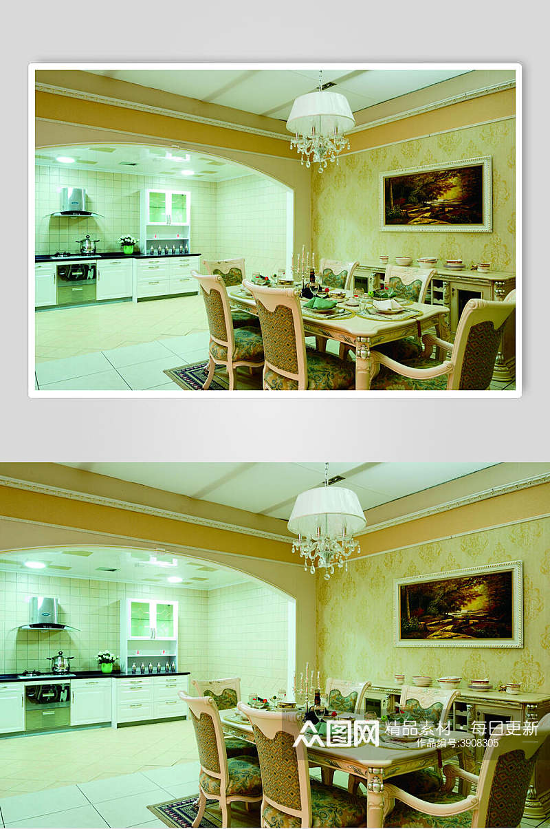 白色吊灯厨房餐厅法式别墅样板间图片素材