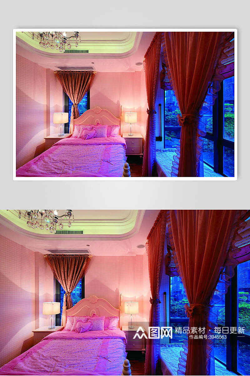 个性窗帘吊灯粉法式别墅样板间图片素材
