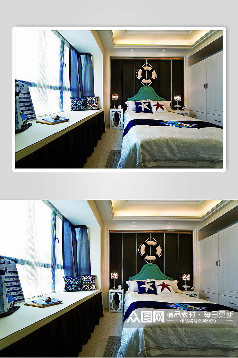 个性枕头床单蓝法式别墅样板间图片素材