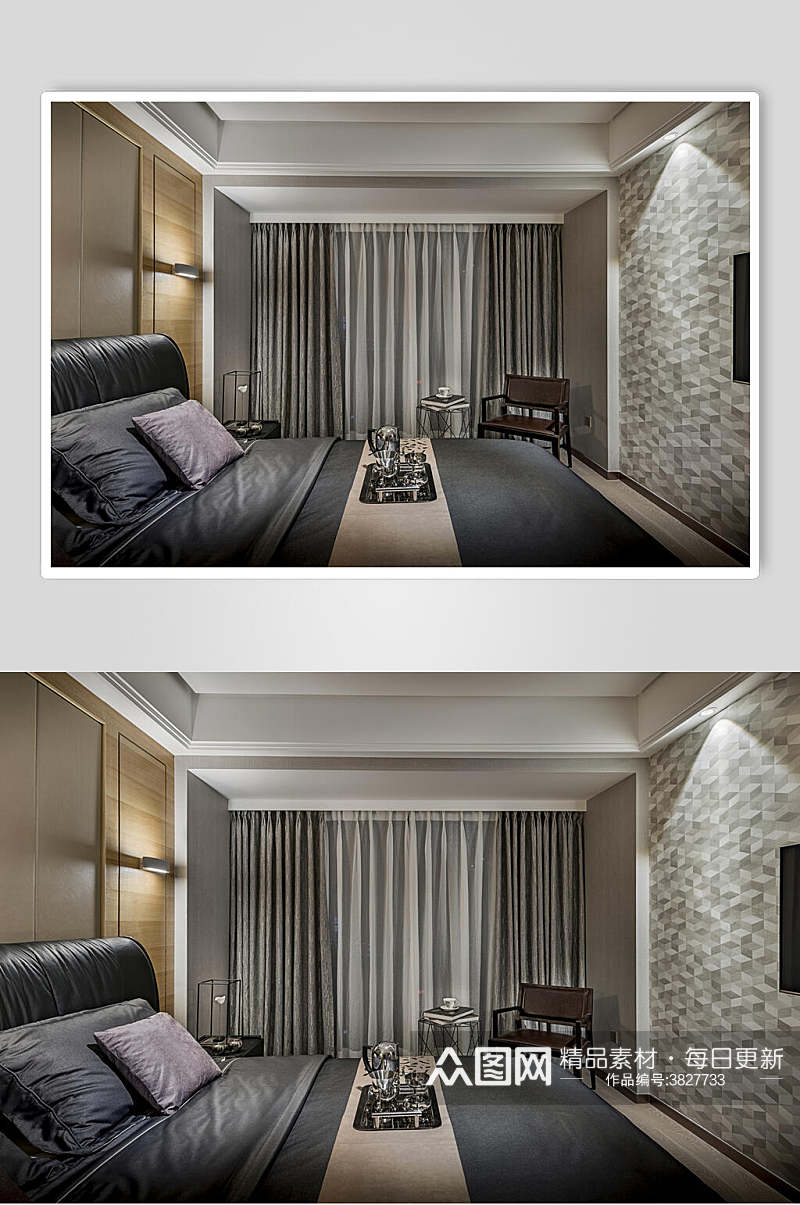 窗帘床单枕头玻璃杯灰色现代二居室效果图素材