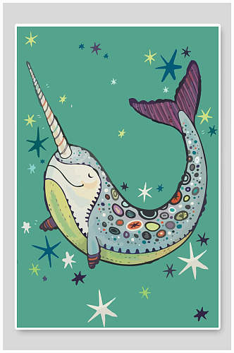 卡通可爱动物斑斓彩色鱼插画