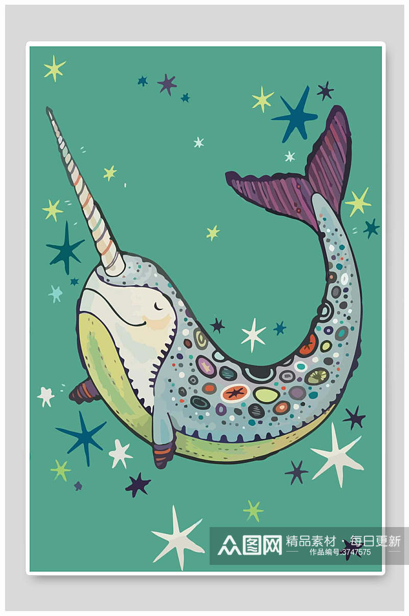 卡通可爱动物斑斓彩色鱼插画素材