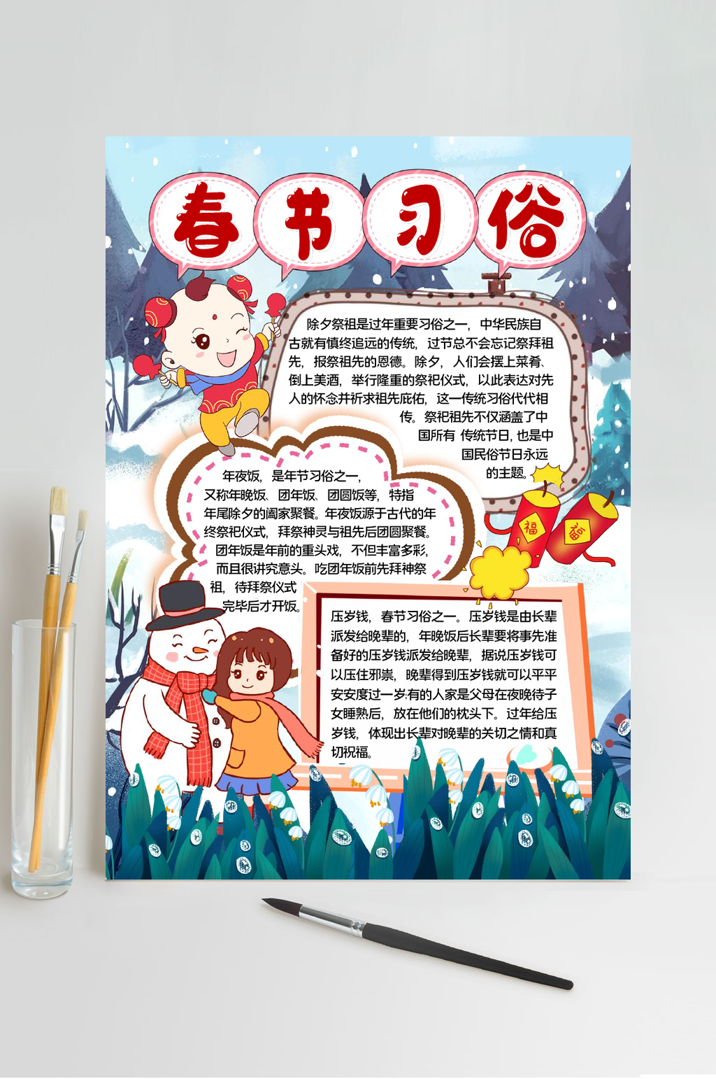雪人蓝色春节习俗小报WORD素材