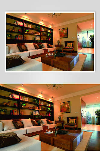 客厅沙发背景展柜东南亚风格样板房图片