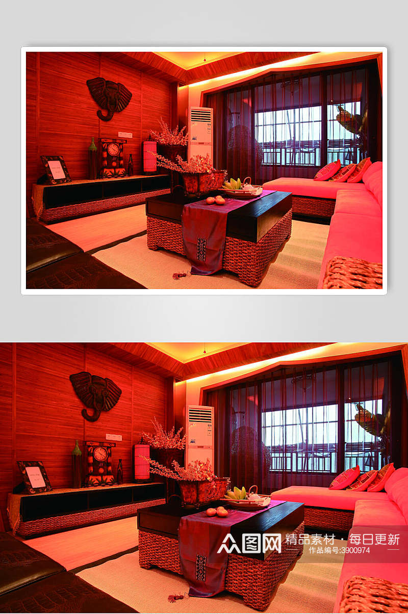 客厅电视背景灯光感东南亚风格样板房图片素材
