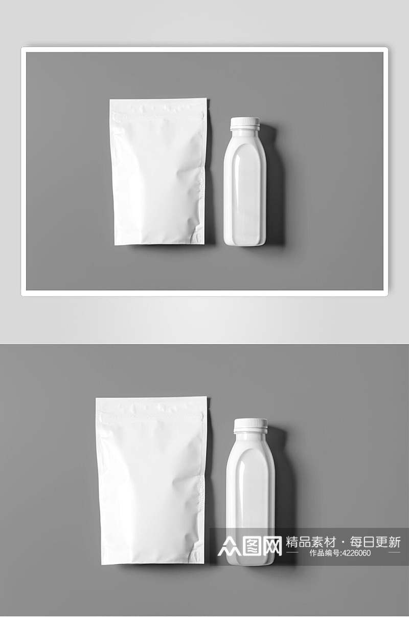 袋子瓶子高端大气灰白牛奶包装样机素材