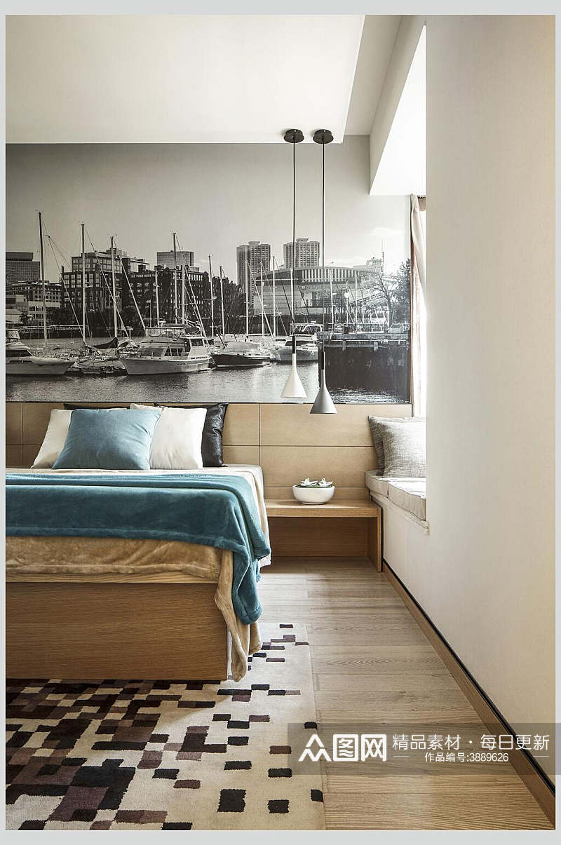 深色系卧室床头柜北欧风格室内图片素材