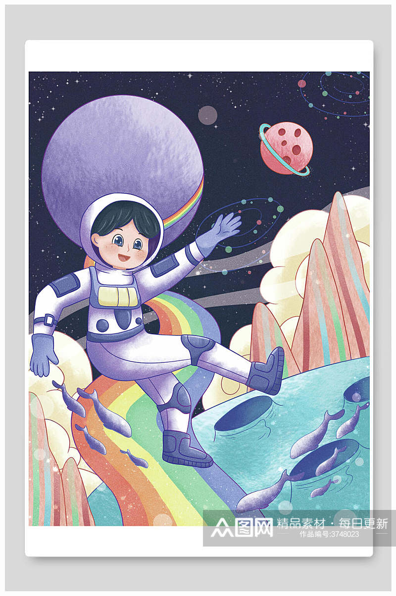宇宙月球日宇航员遨游插画素材