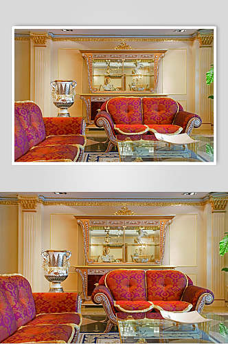 红色沙发金碧辉煌法式别墅样板间图片