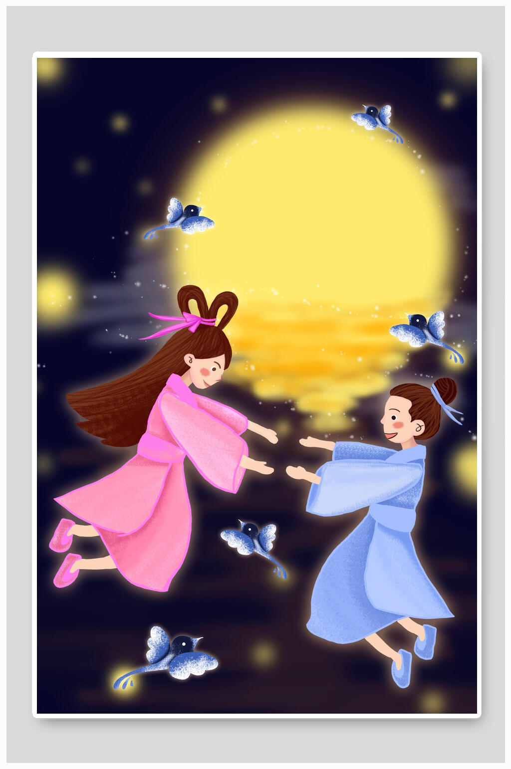 七夕情人节喜鹊牛郎织女插画素材