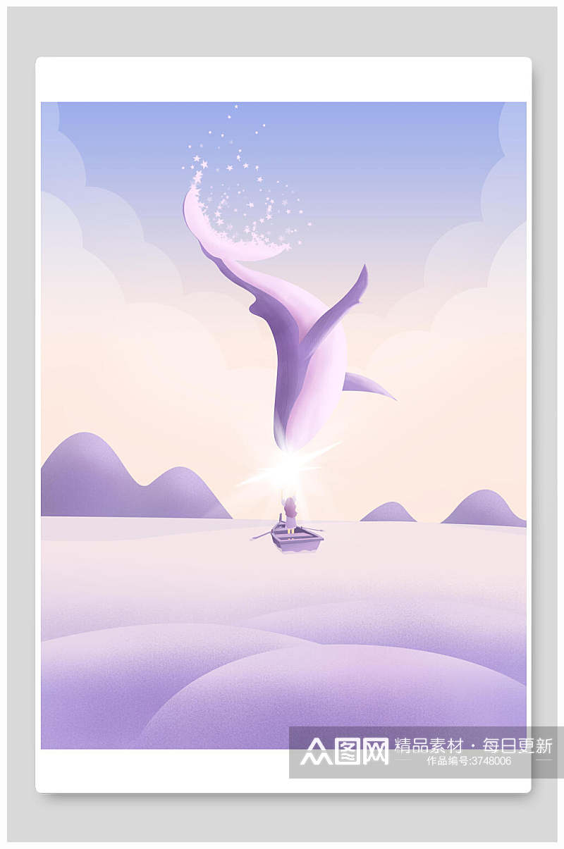 唯美童话紫色鲸鱼小女孩晚安插画素材