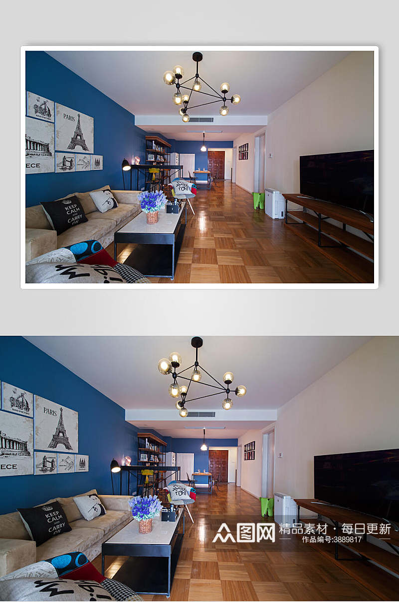 蓝色沙发背景客厅地中海田园风家装图片素材