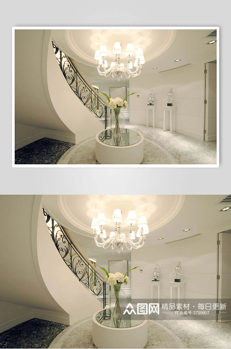 白色高端扶梯吊灯欧式别墅图片素材