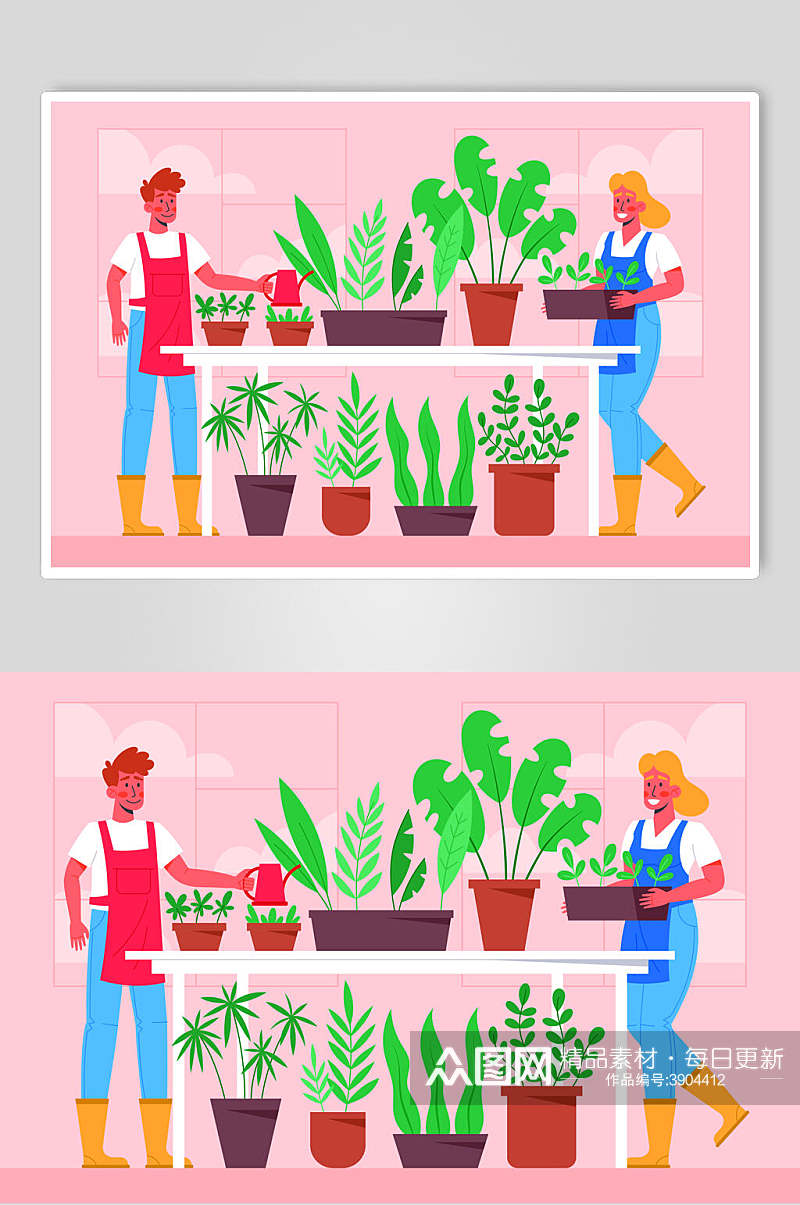 粉色卡通种植盆栽插画矢量素材素材