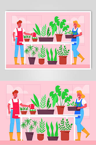 粉色卡通种植盆栽插画矢量素材