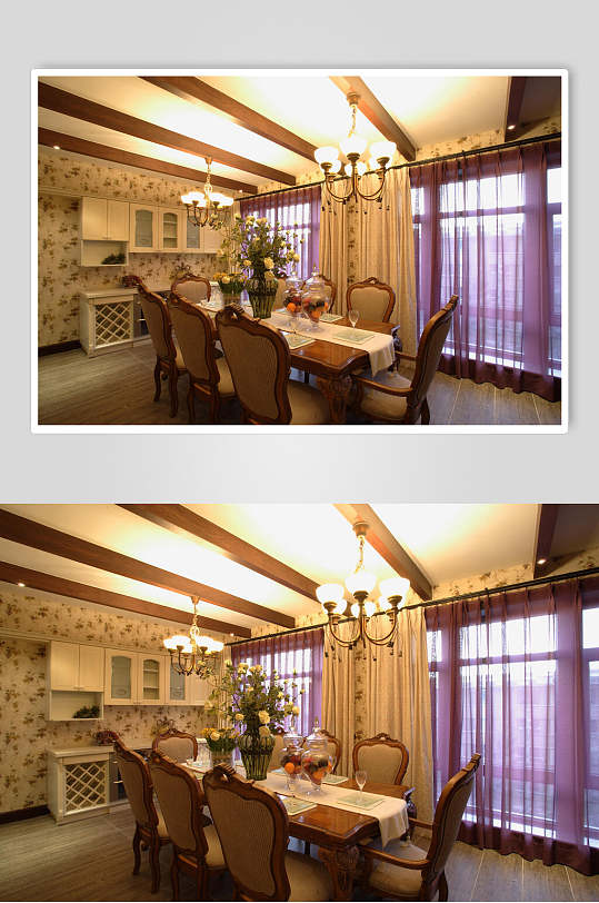 酒家餐厅包厢紫色窗帘田园装修效果图