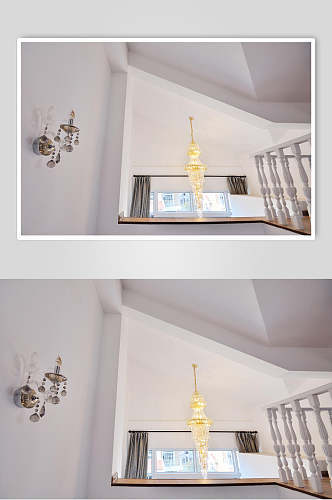 菱形吊灯窗帘简约大气黄白色欧式别墅图片