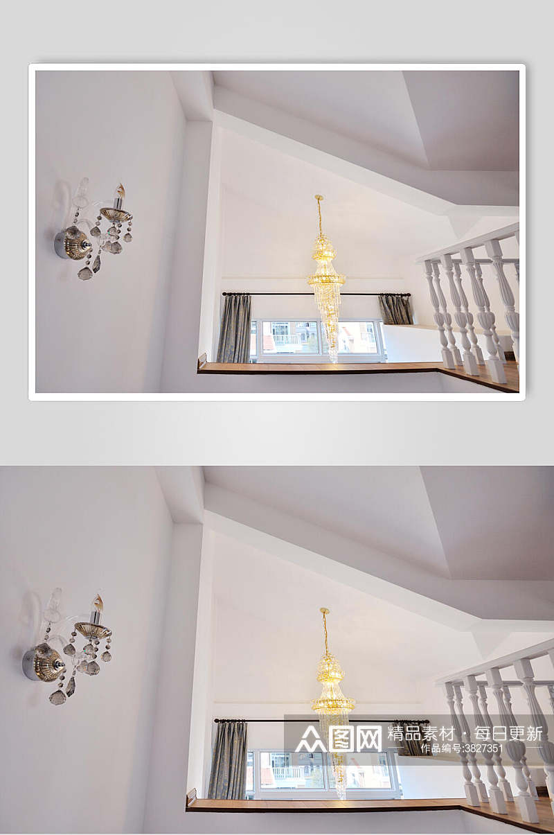 菱形吊灯窗帘简约大气黄白色欧式别墅图片素材