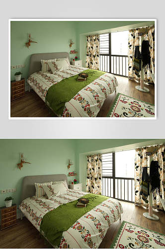 卧室碎花浅色系绿色地中海田园风家装图片
