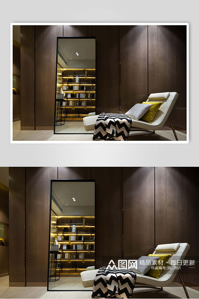 落地镜老人椅棕色木质柜现代二居室效果图素材
