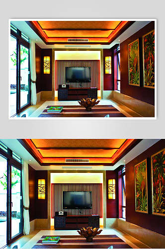 高端电视壁画东南亚风格样板房图片