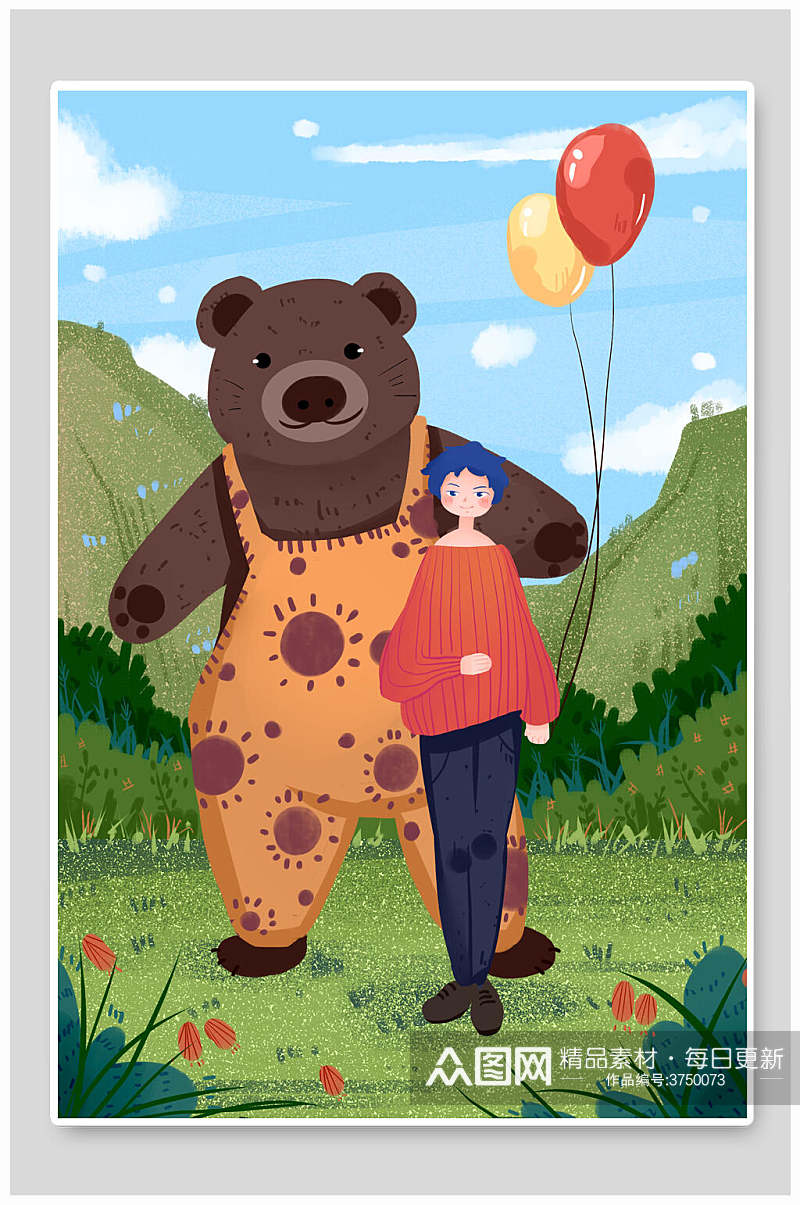 小清新熊气球六一儿童节插画素材