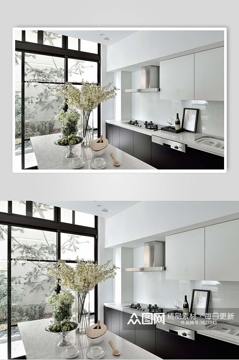 花束相框酒瓶厨房简约黑白色欧式别墅图片素材