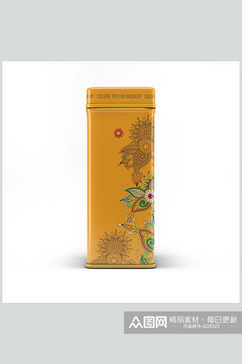 手绘铁盒方形茶叶罐食品密封罐包装样机素材