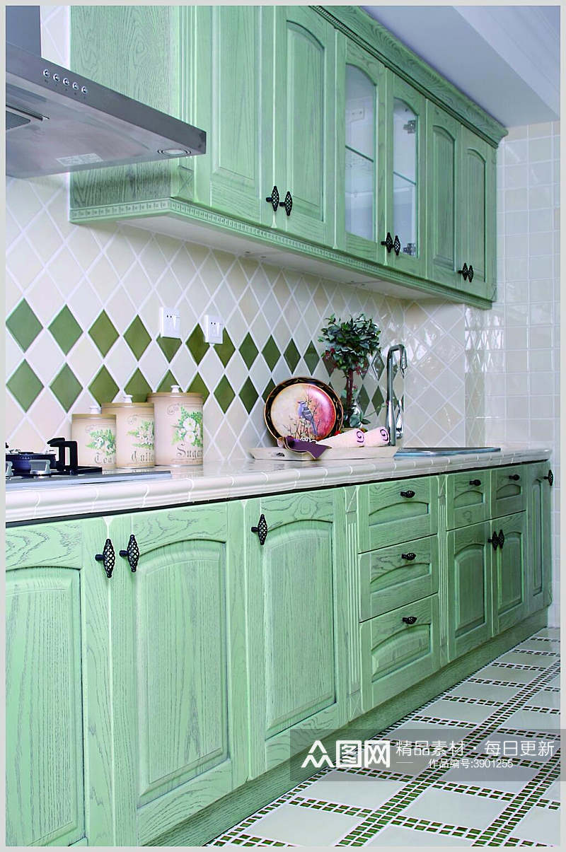 绿色系橱柜厨房法式别墅样板间图片素材