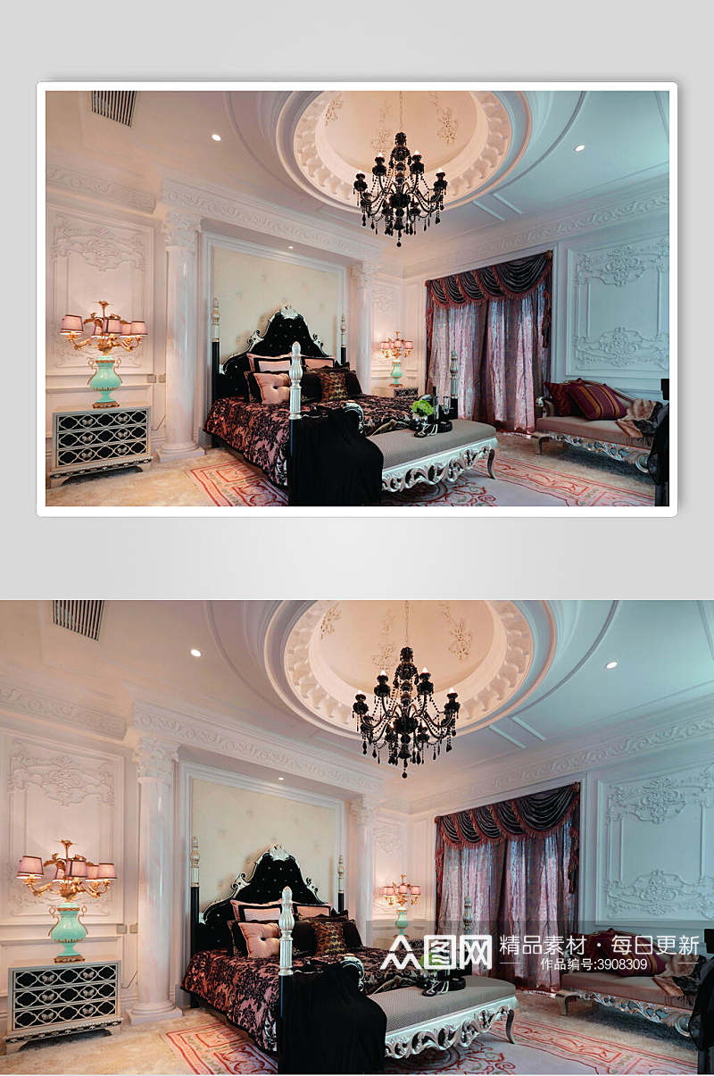 温馨卧室白色吊顶法式别墅样板间图片素材