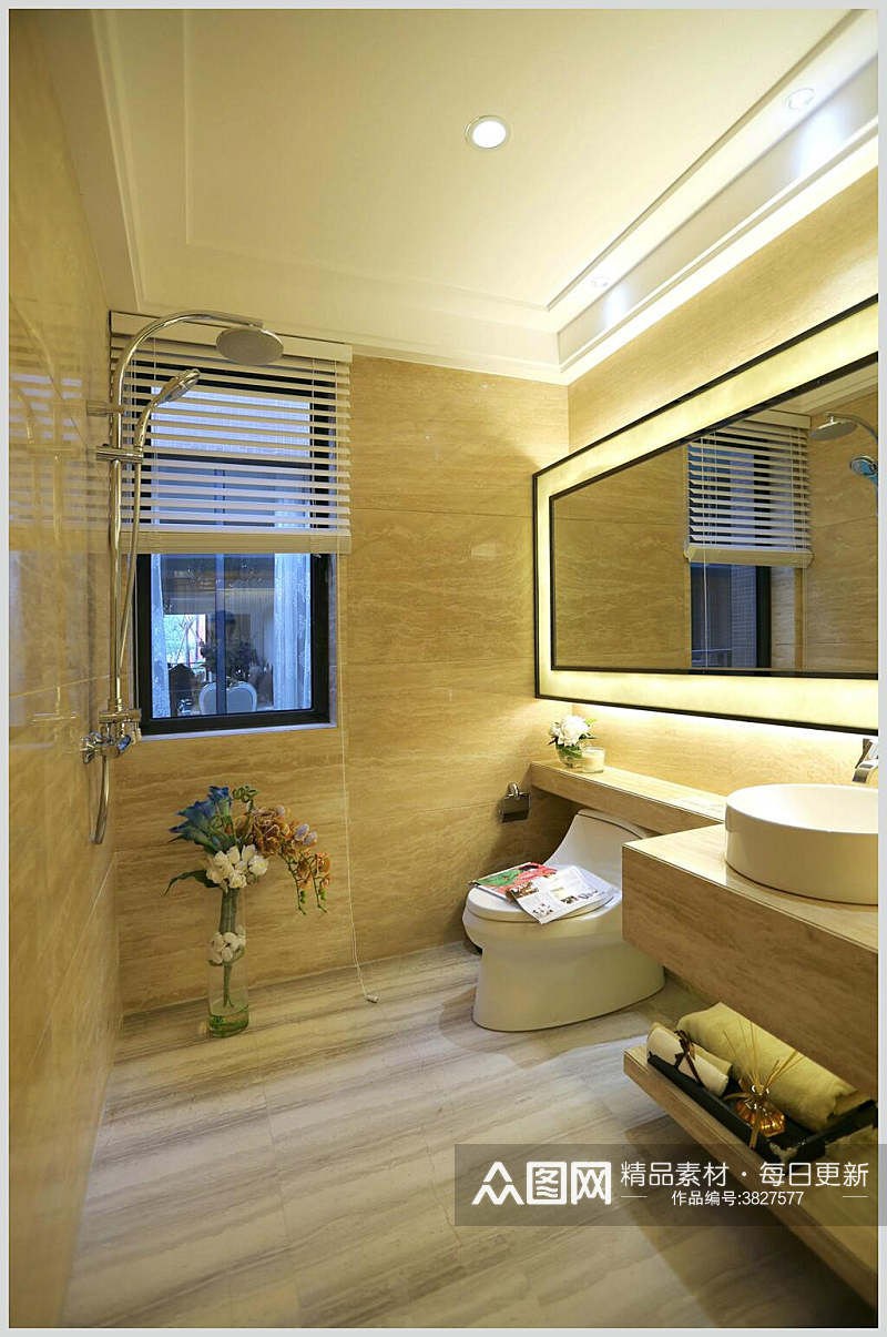 马桶洗漱池扇叶镜子米色现代二居室效果图素材
