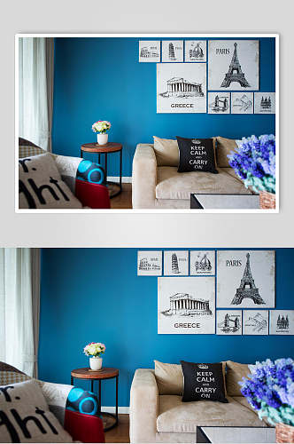 蓝色沙发背景墙地中海田园风家装图片