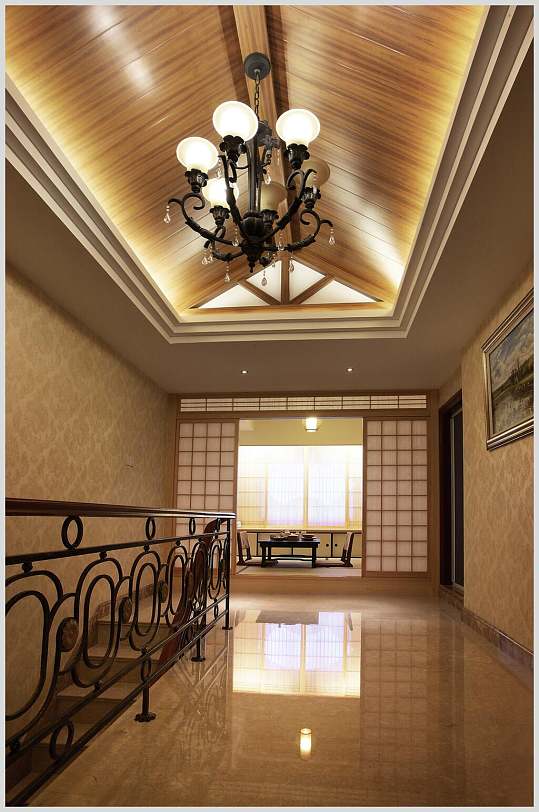 全屋木吊顶简欧铁艺楼梯家装设计图片