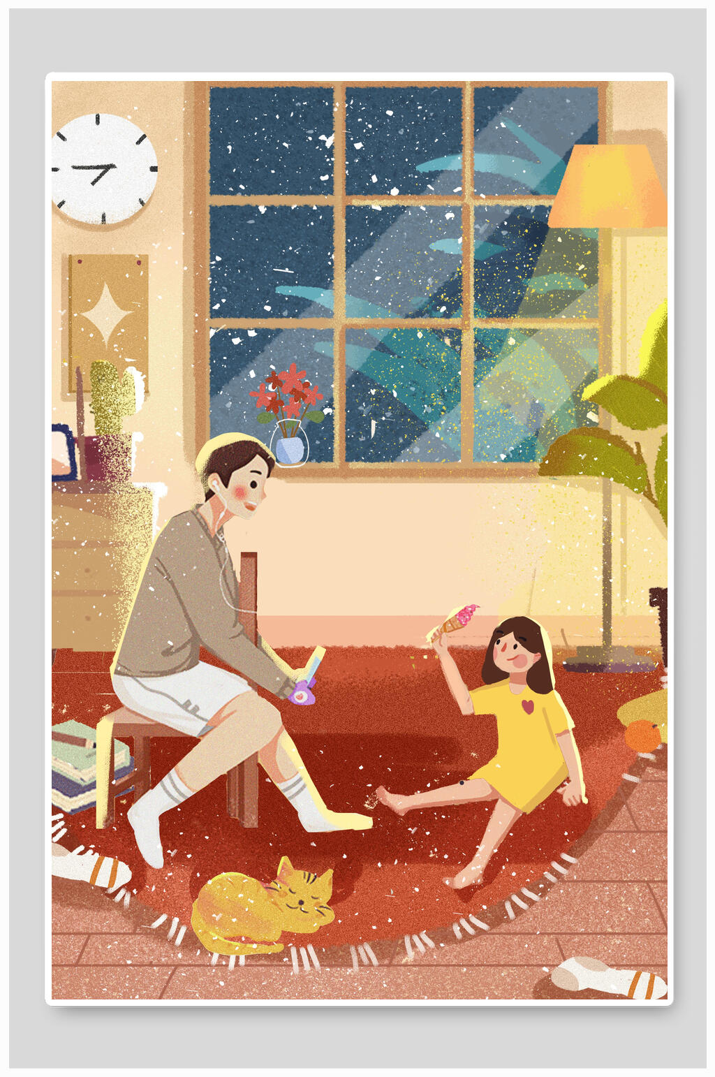 父亲节父女听歌小猫插画素材