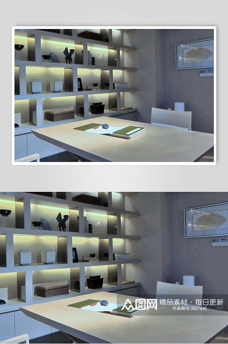 置物架桌子椅子优雅白灯现代简约家居图片素材