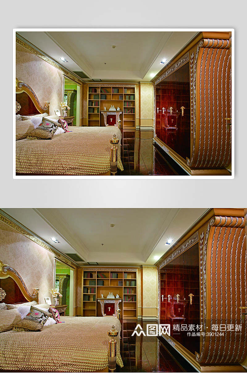 条纹木艺卧室法式别墅样板间图片素材